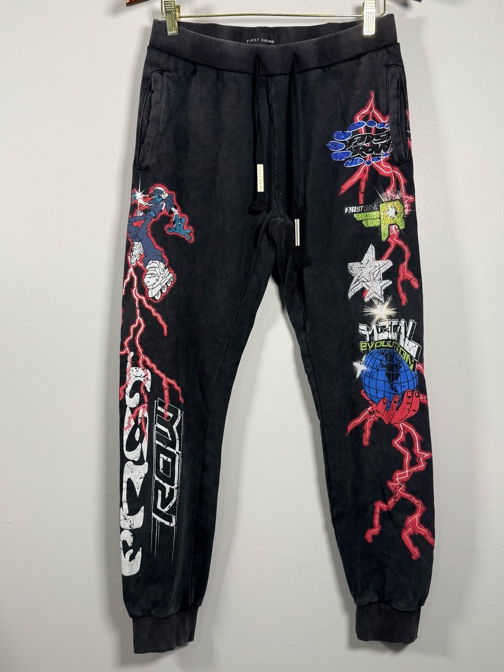 First Row Women’s graphic bedazzled art joggers black acid wash Y2K evolution S